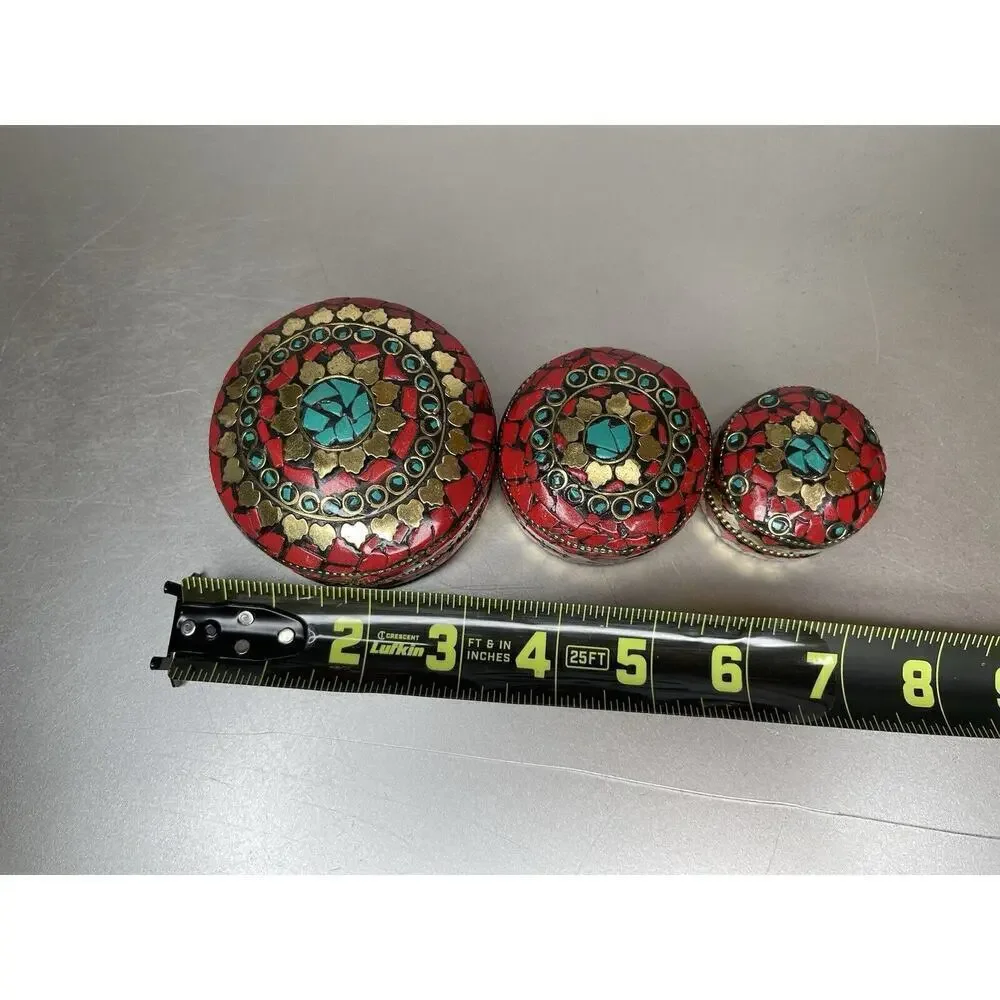 Round Trinket Box Multicolor Stones Indian Nesting Boxes Red Gold Set Of 3